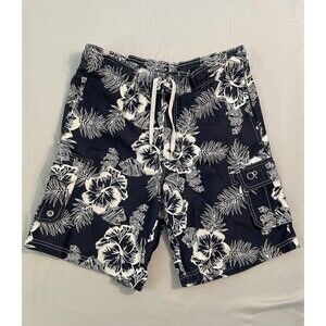 OP Boardshorts Men Size Small 28-30 Black Hawaiian Floral Swimwear Trunks